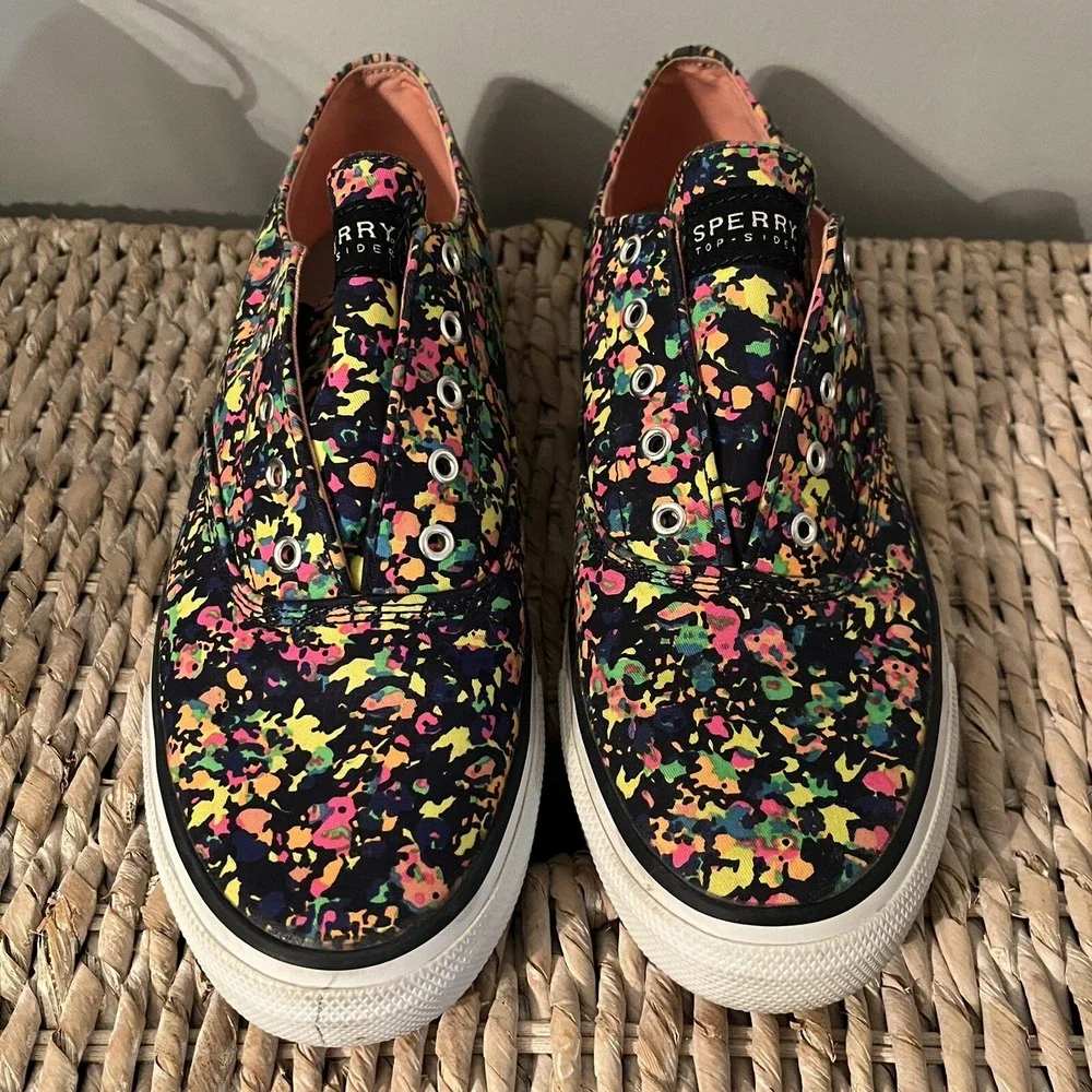 Sperry Top-Sider Cameron Neon Canvas print Boat Slip On Shoes Women's Size 8.5‎